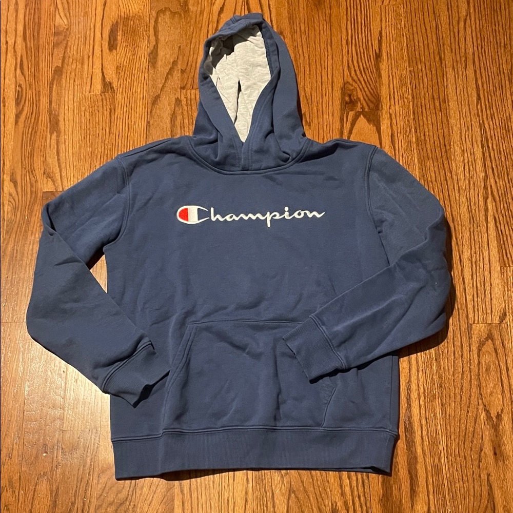 Champion Navy Blue Hoodie with Script Logo and Red Accent